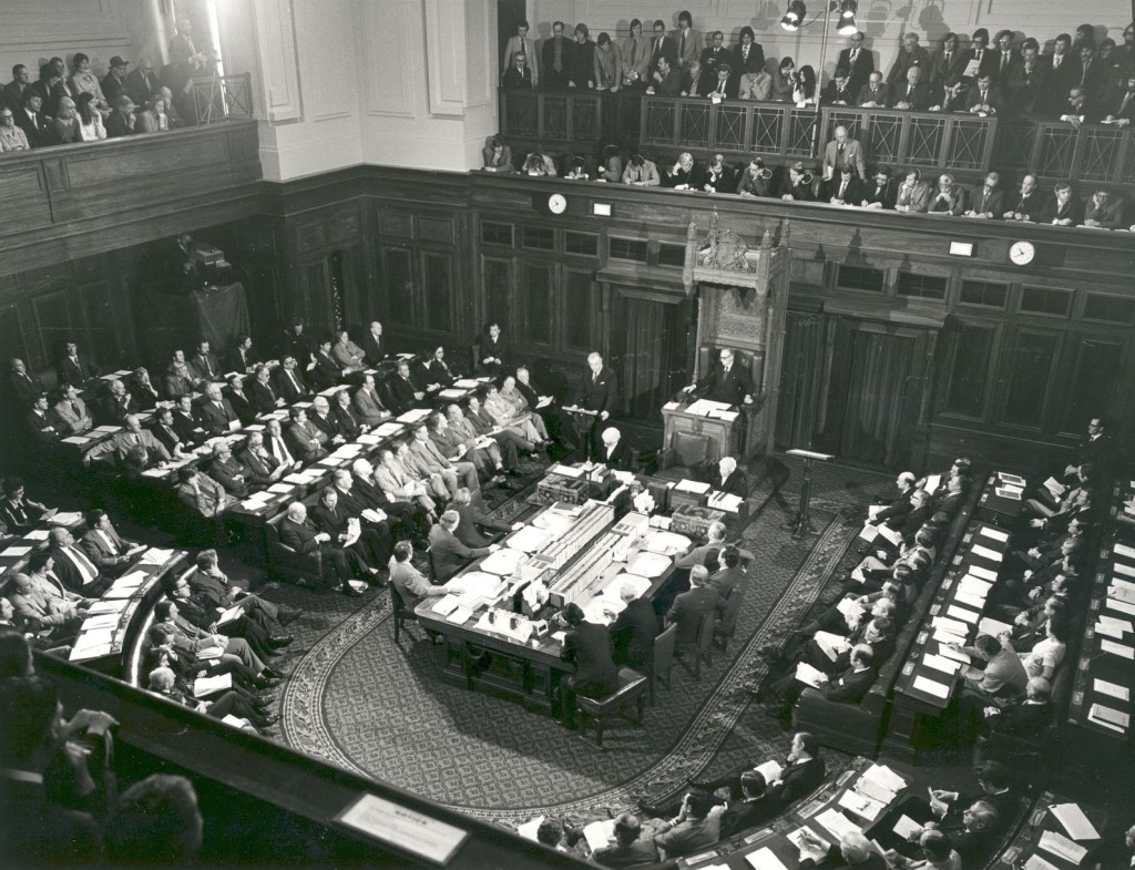 One of the first television broadcasts of Parliament was the historic joint sitting after the double dissolution election in 1974. This photo shows a TV camera on the floor of the house as the Press Gallery above the President’s chair was so full of journalists it was standing room only.