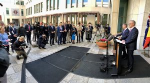PM Albanese at a press conference in the PM's courtyard